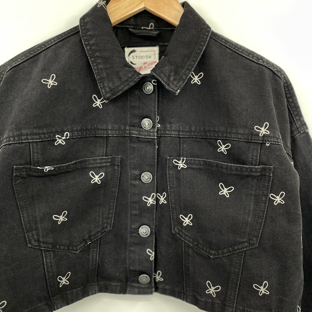 Stoosh Vintage Denim Butterfly Cropped Jean Jacket Black Size Small Button Front - Picture 6 of 11